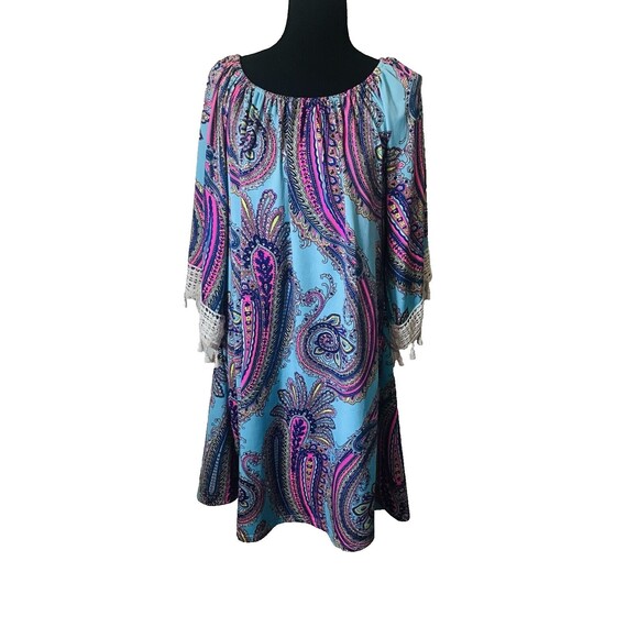 Lady's World Multi color OFF SHOULDER Boho Gypsy  3/4 Sleeve fringe trim fairy L - Picture 1 of 7